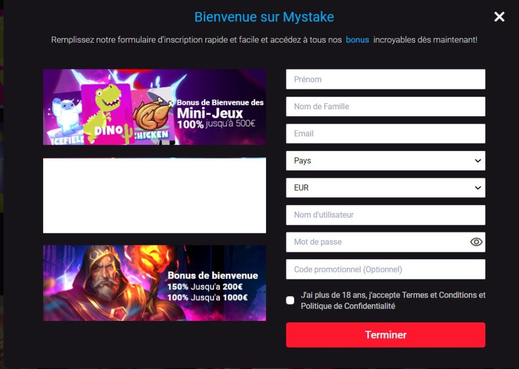 S'inscrire sur le casino Mystake